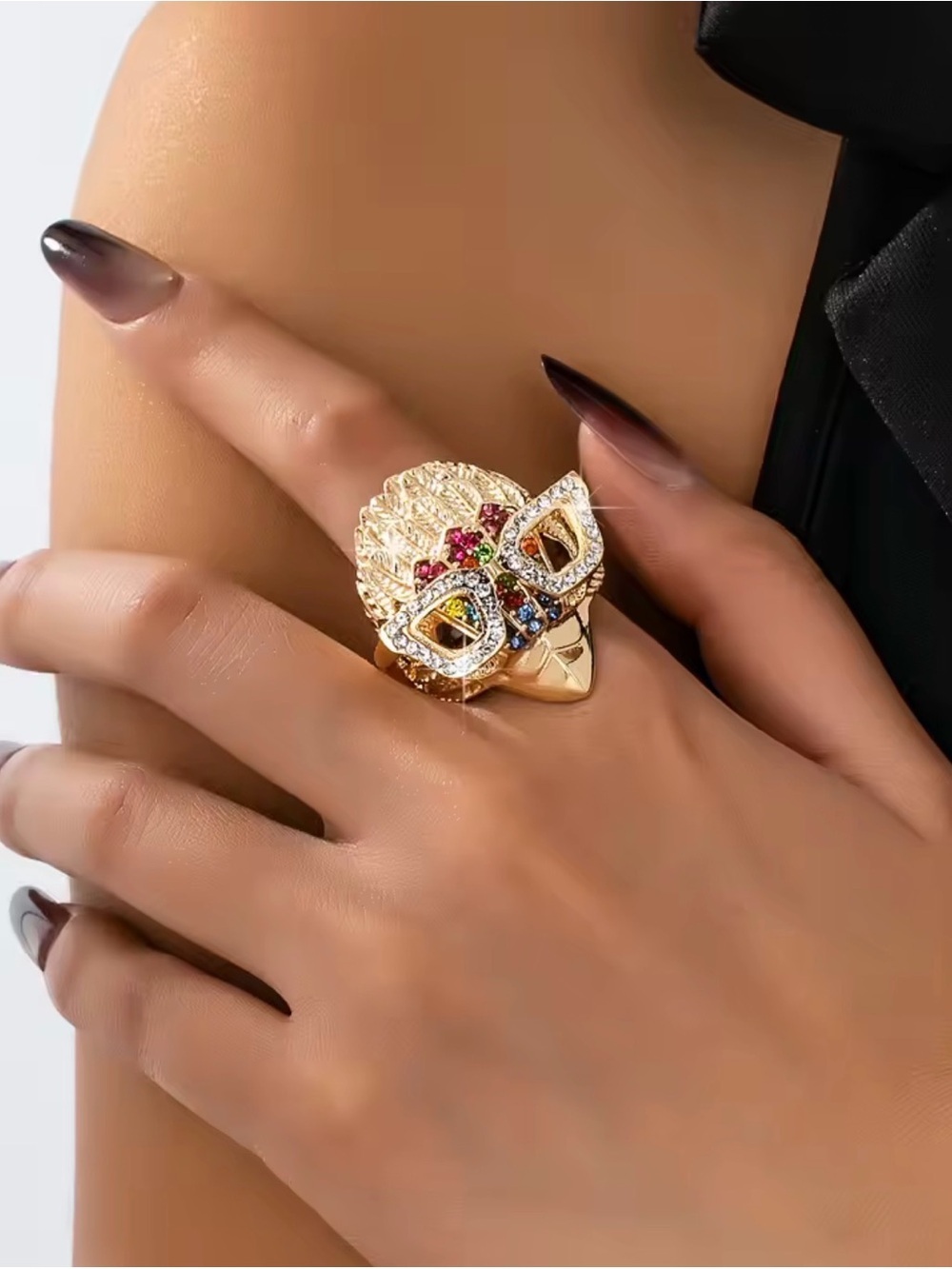Vintage Owl Ring with Crystal Glasses – Gold Tone Statement Cocktail Ring
